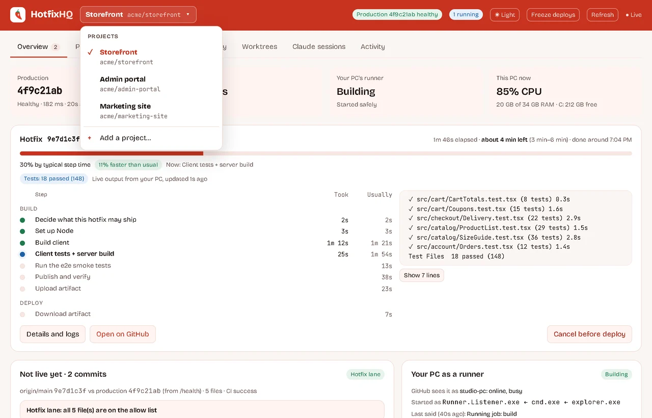 The project switcher listing three projects